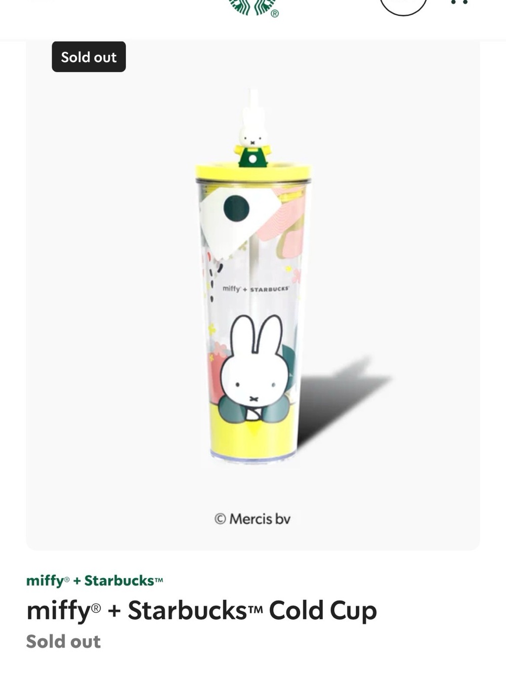 Starbucks Yellow & White Miffy Acrylic Cold Cup